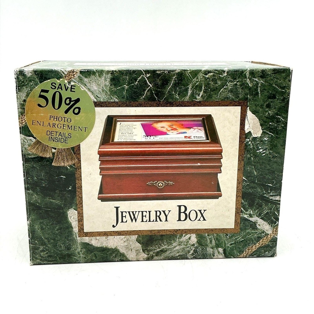 Vintage Ladies Walnut Finish Jewelry Box w Mirror Photo Frame New in Box